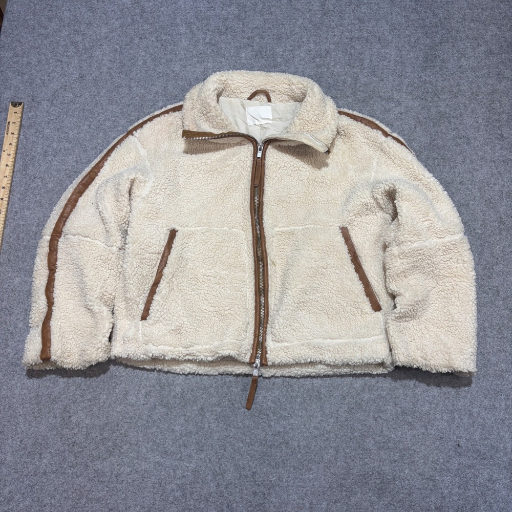 HM Sherpa Fleece Jacket Cream Brown Faux Leather Trim Teddy Full Zip Coat